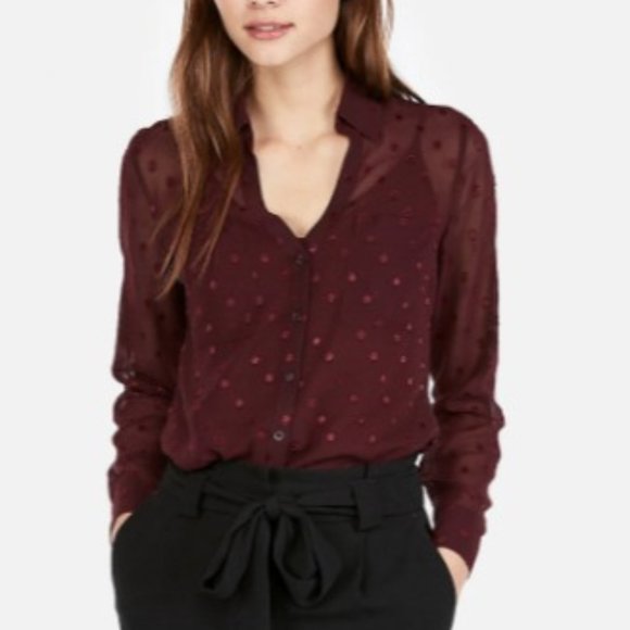 Express Women's Wine Red Slim Dotted Sheer Roll Tab Sleeve Portofino Shirt S/P - Picture 3 of 15